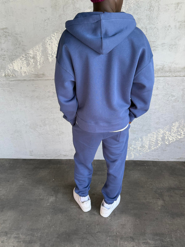 İndigo Kapüşonlu Fermuarlı Sweatshirt