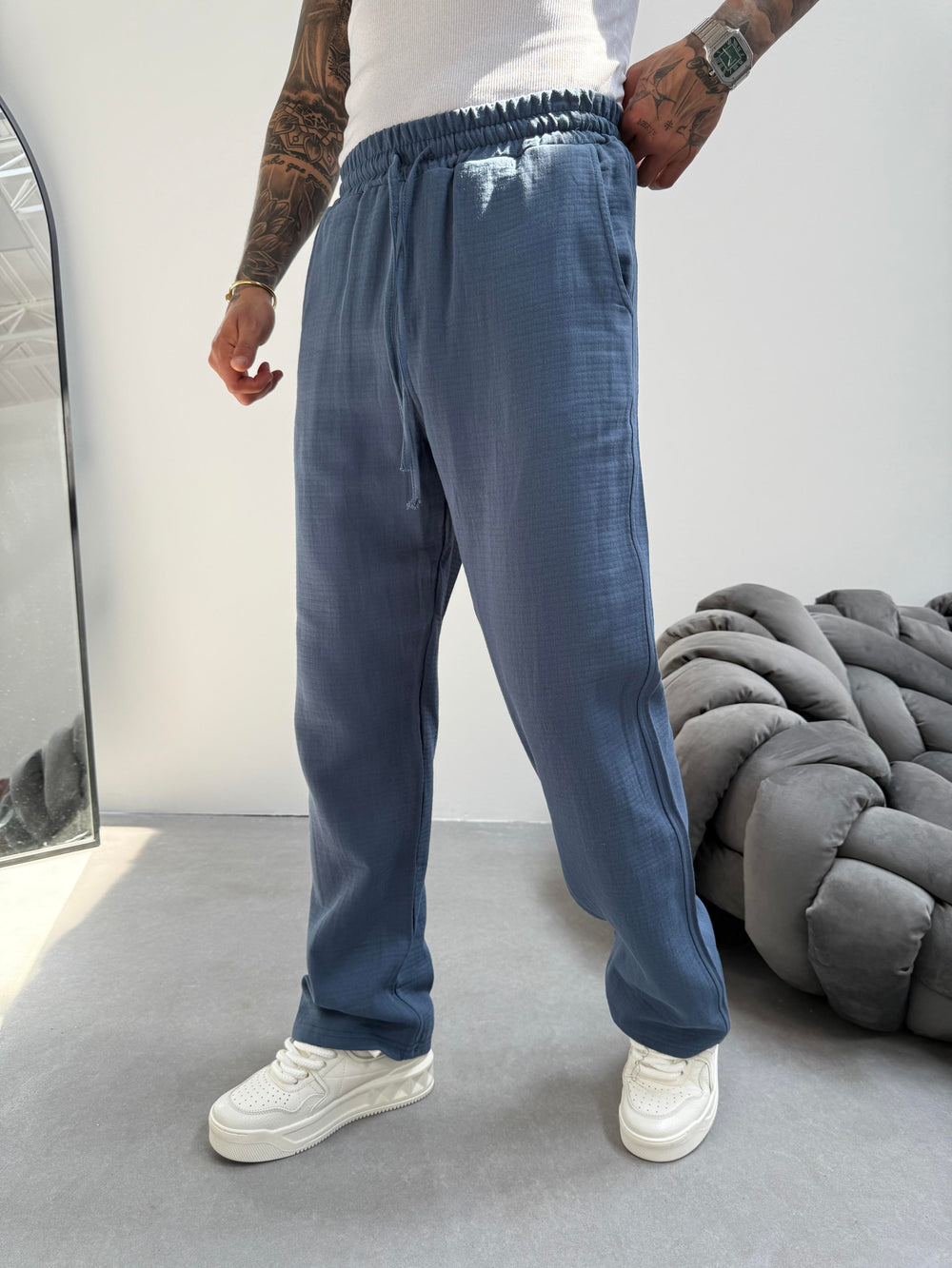 İndigo Müslin Kumaş Baggy Pantolon
