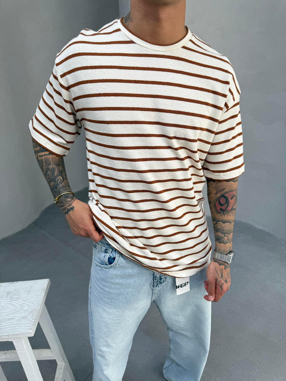 Kahve Çizgili Triko T-Shirt