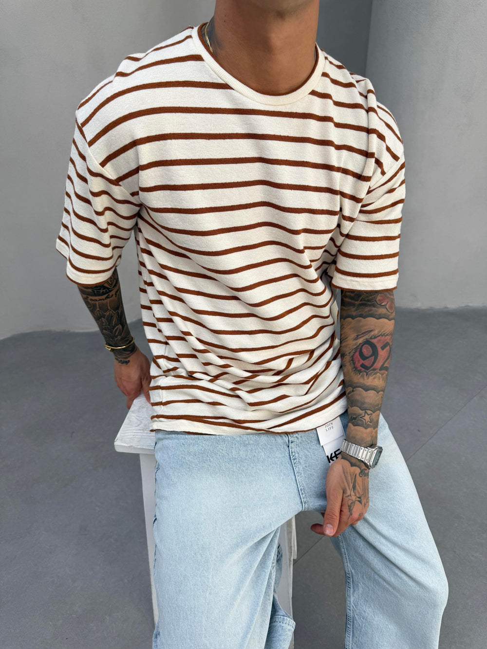 Kahve Çizgili Triko T-Shirt