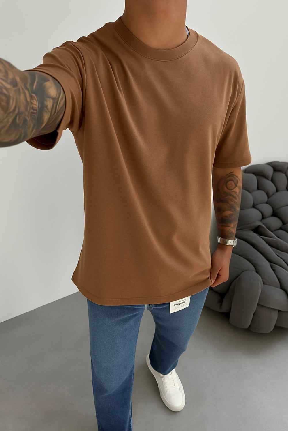 Kahve Fırçalı Kumaş Oversize T-Shirt
