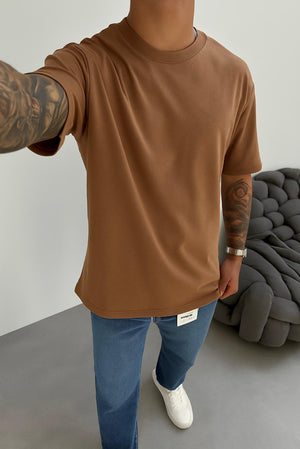Kahve Fırçalı Kumaş Oversize T-Shirt