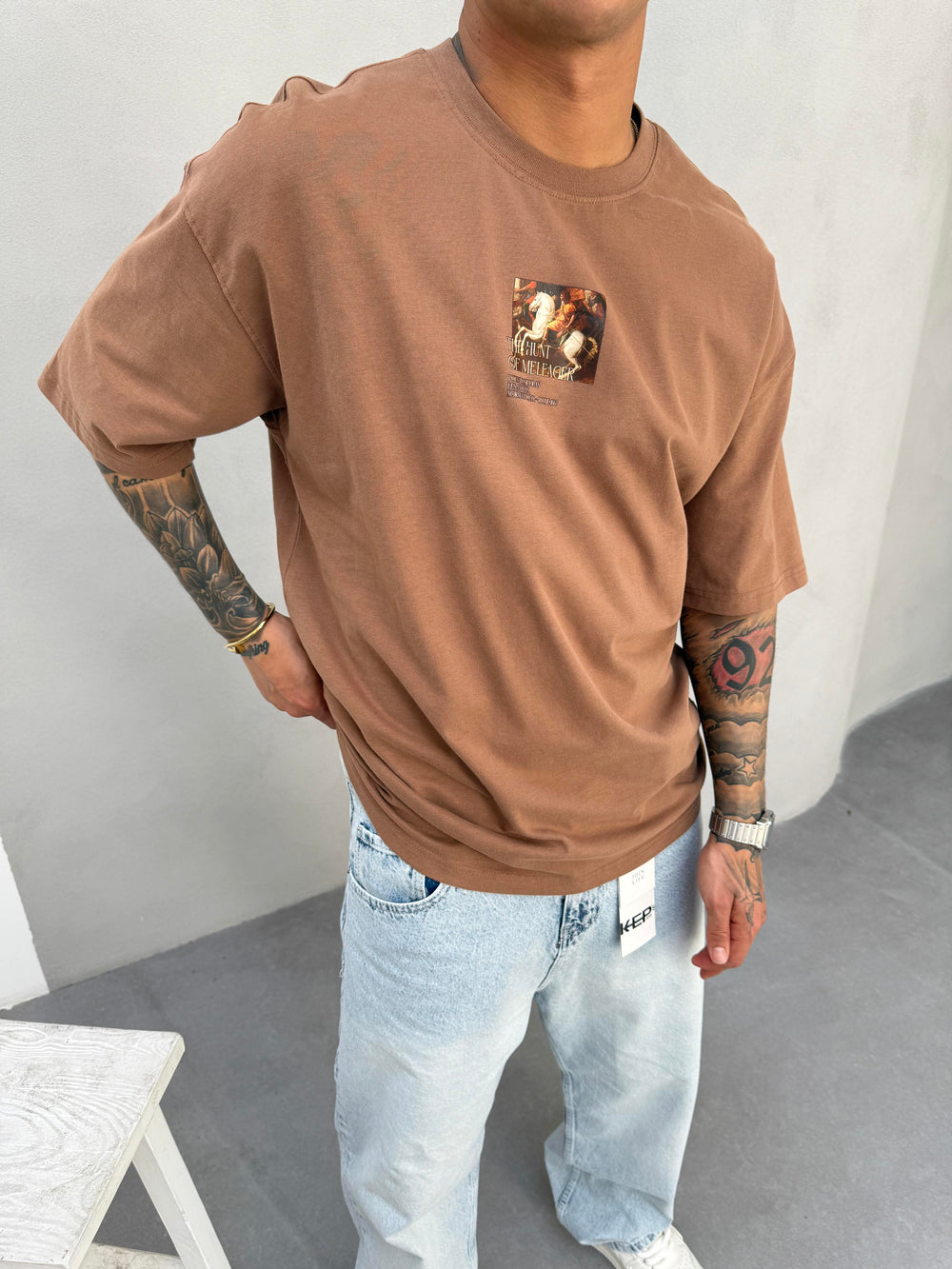 Kahve Oversize Baskılı T-Shirt