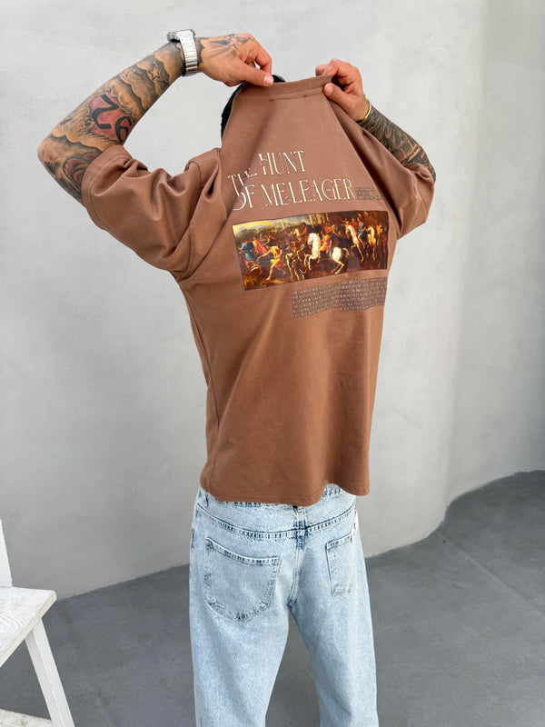 Kahve Oversize Baskılı T-Shirt