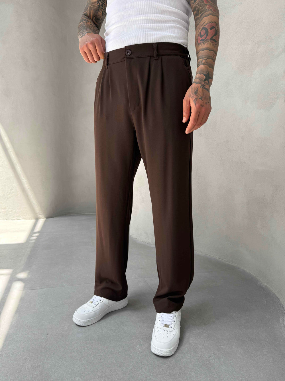 Kahve Pileli Baggy Kumaş Pantolon