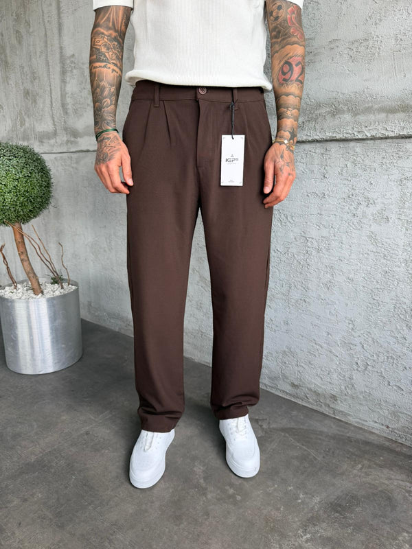 Kahve Pileli Baggy Kumaş Pantolon