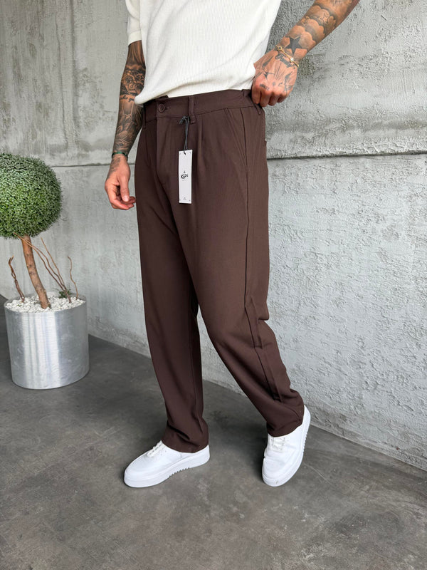 Kahve Pileli Baggy Kumaş Pantolon