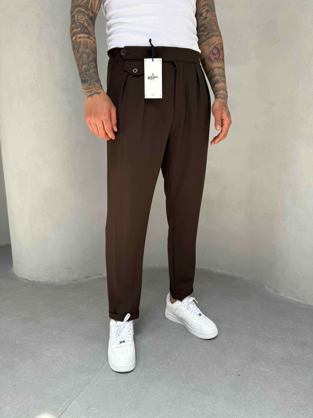 Kahve Pileli Boyfriend Kumaş Pantolon