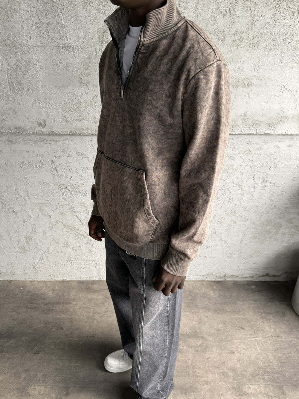 Kahve Yıkamalı Fermuarlı Sweatshirt