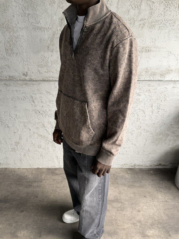 Kahve Yıkamalı Fermuarlı Sweatshirt