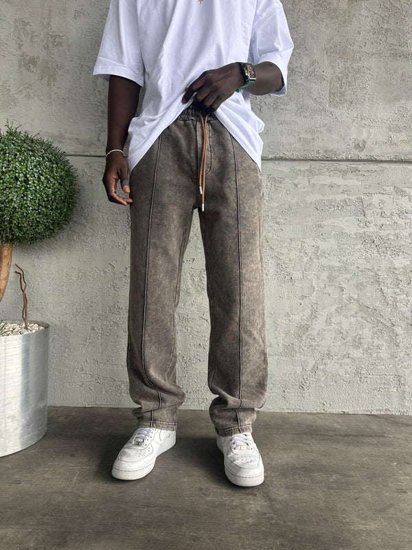 Kahve Yıkamalı Şeritli Baggy Eşofman