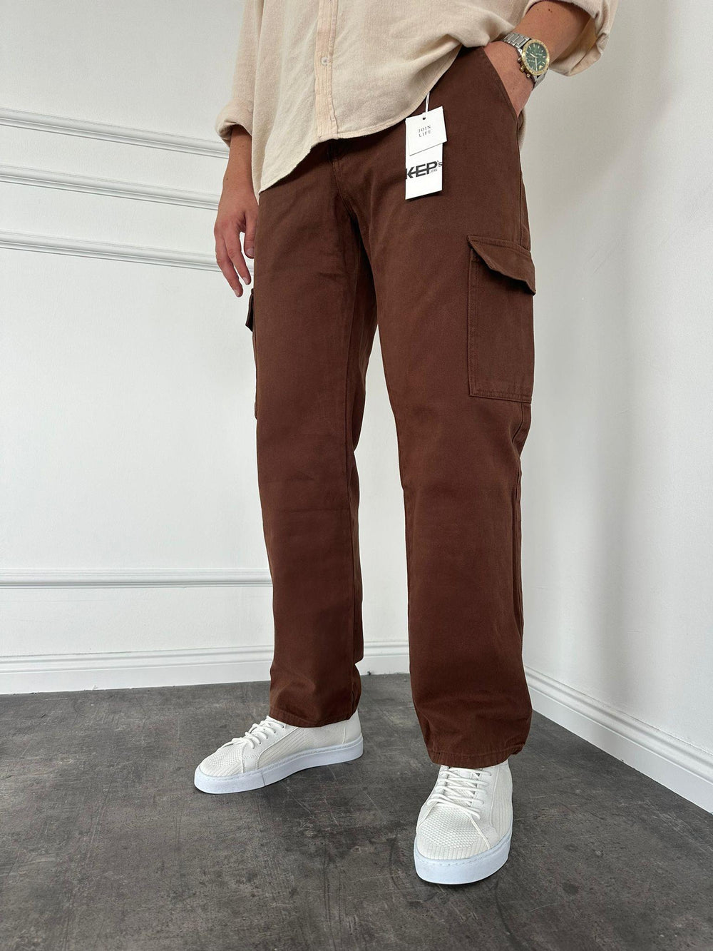 Kahverengi Kargo Cep Baggy Jean
