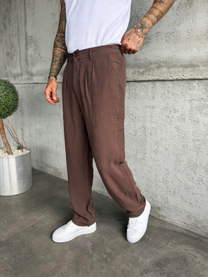 Kahverengi Pileli Modal Kumaş Baggy Pantolon