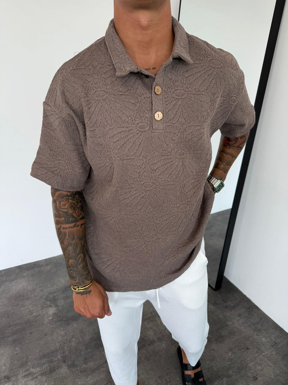 Kahverengi Polo Yaka Örme Triko T-Shirt