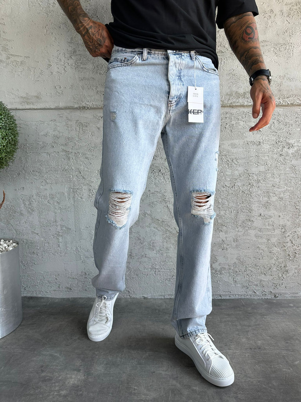 Kar Yıkama Yırtıklı Baggy Jean