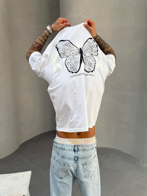 Kelebek Baskılı Beyaz Oversize T-Shirt