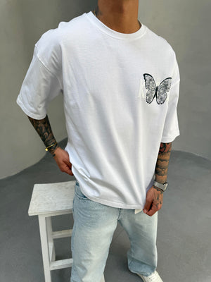 Kelebek Baskılı Beyaz Oversize T-Shirt