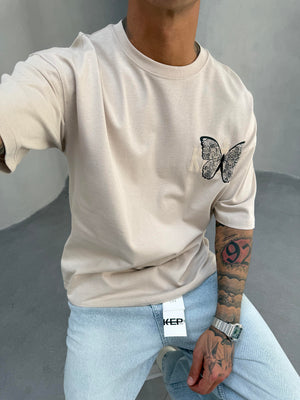 Kelebek Baskılı Krem Oversize T-Shirt
