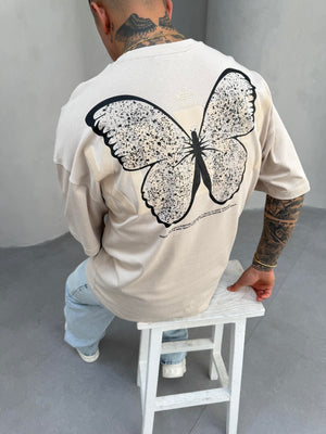 Kelebek Baskılı Krem Oversize T-Shirt