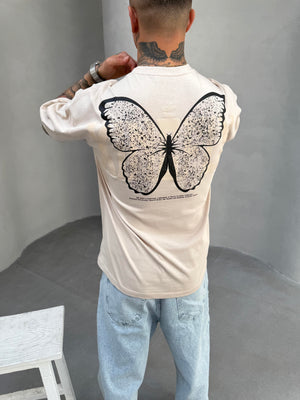 Kelebek Baskılı Krem Oversize T-Shirt