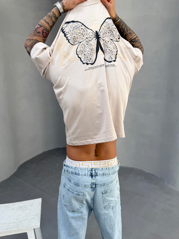 Kelebek Baskılı Krem Oversize T-Shirt