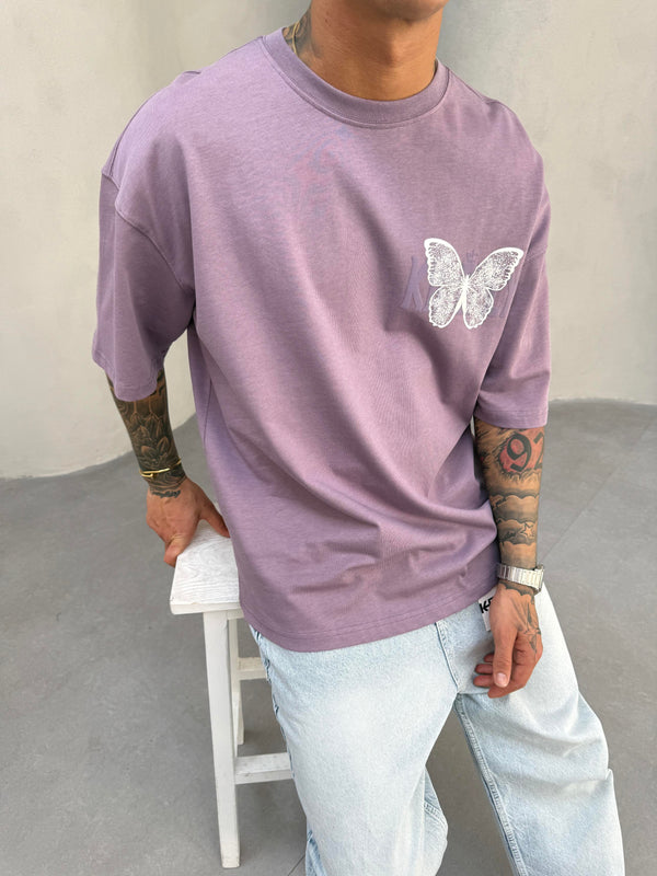 Kelebek Baskılı Mor Oversize T-Shirt