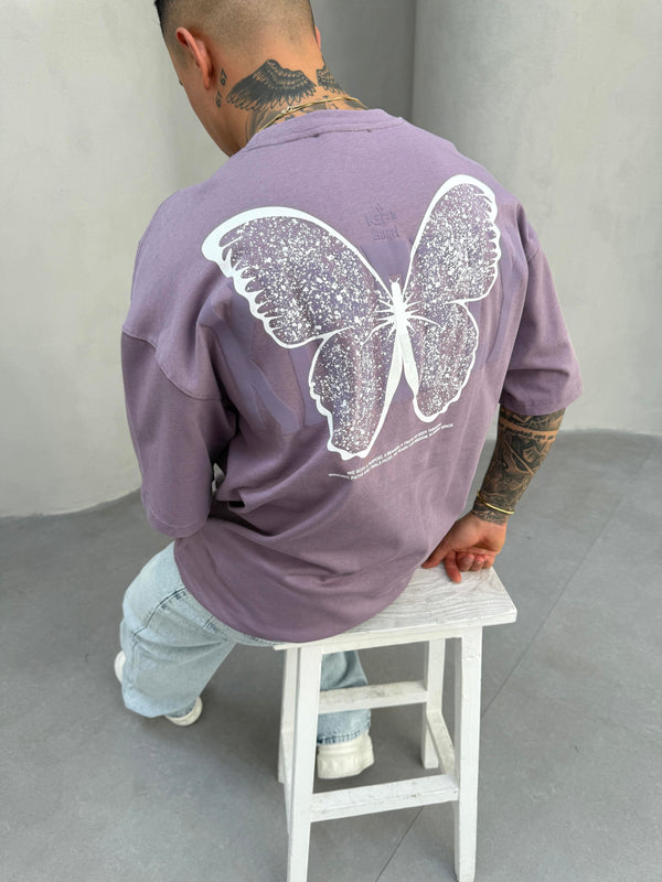 Kelebek Baskılı Mor Oversize T-Shirt