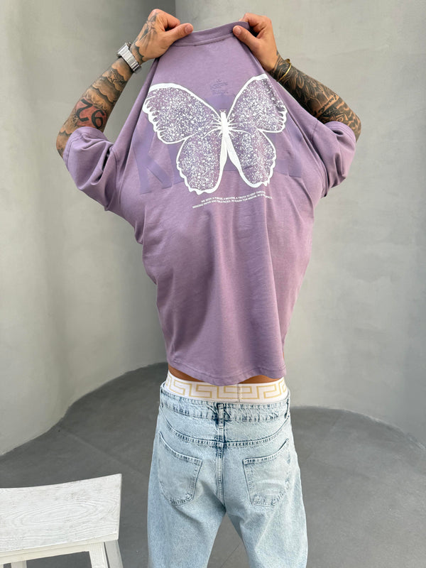 Kelebek Baskılı Mor Oversize T-Shirt