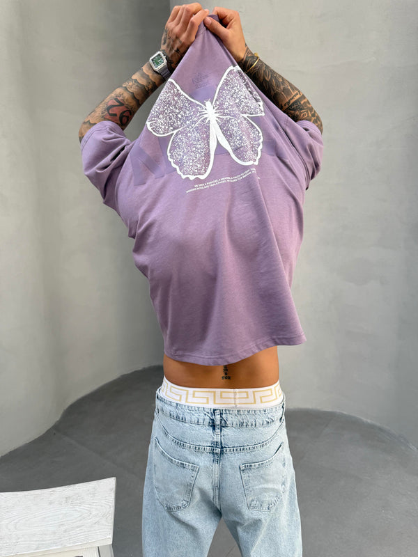 Kelebek Baskılı Mor Oversize T-Shirt