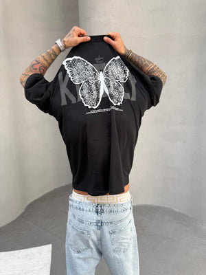 Kelebek Baskılı Siyah Oversize T-Shirt