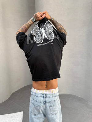Kelebek Baskılı Siyah Oversize T-Shirt