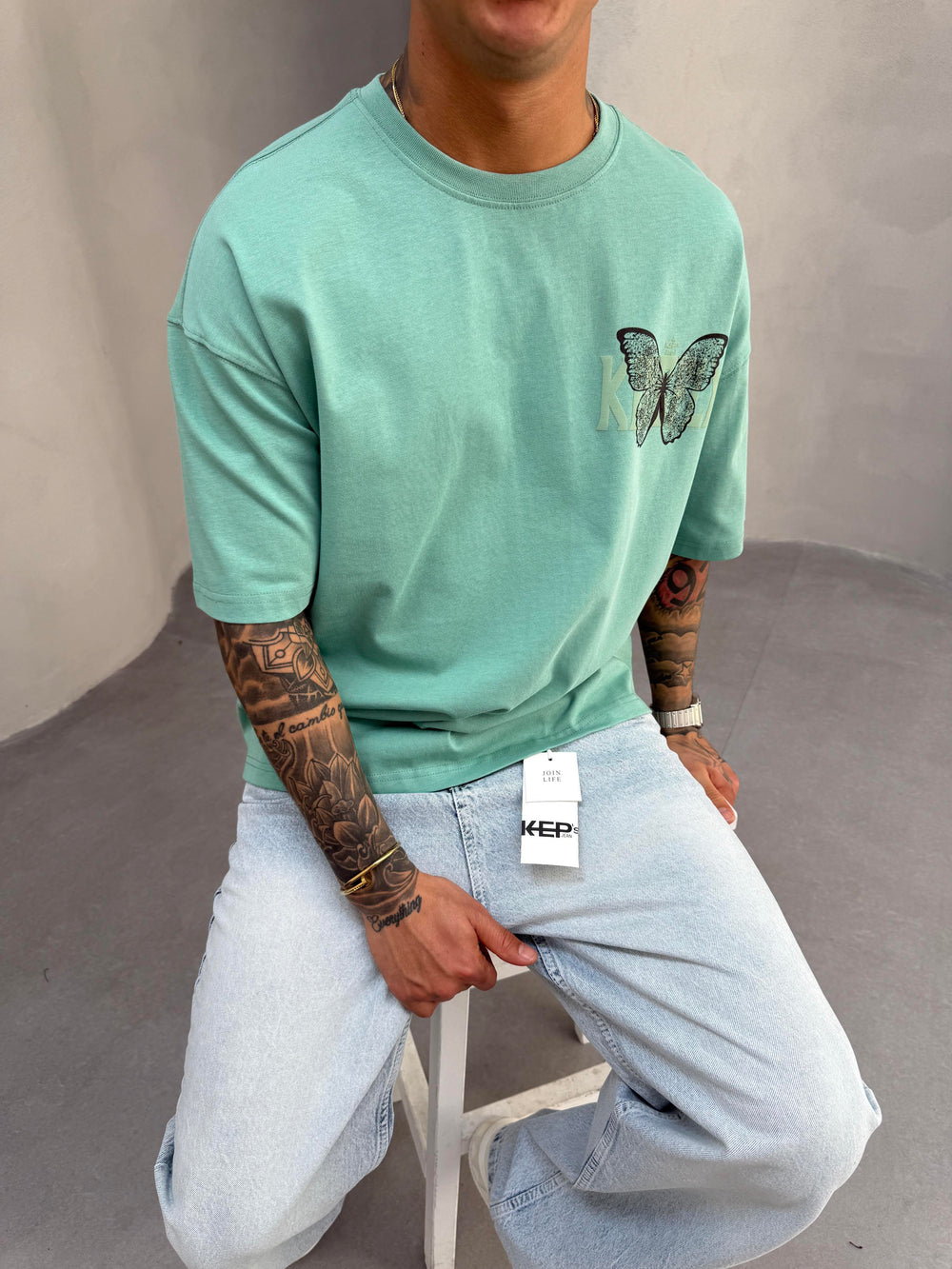 Kelebek Baskılı Su Yeşil Oversize T-Shirt