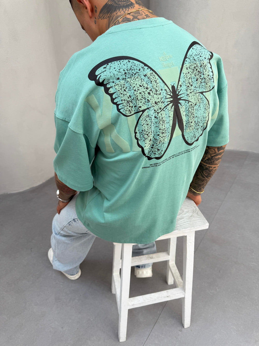 Kelebek Baskılı Su Yeşil Oversize T-Shirt