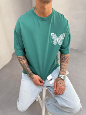 Kelebek Baskılı Yeşil Oversize T-Shirt