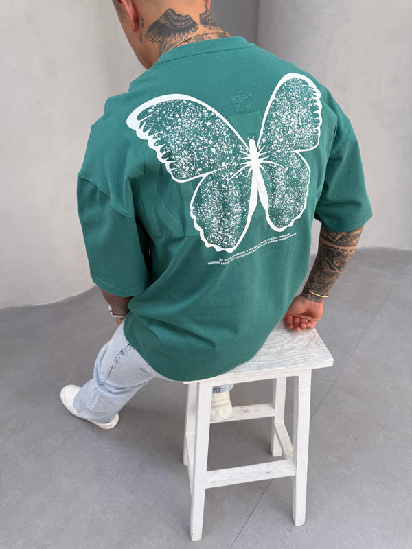 Kelebek Baskılı Yeşil Oversize T-Shirt