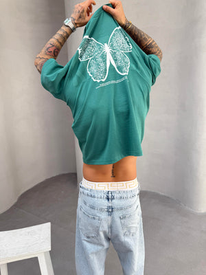 Kelebek Baskılı Yeşil Oversize T-Shirt