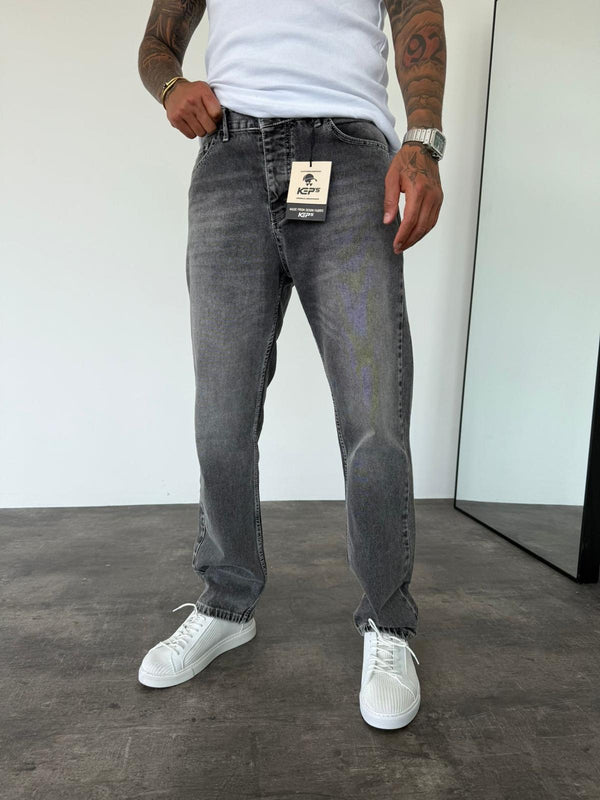 Koyu Gri Taşlamalı Baggy Jean