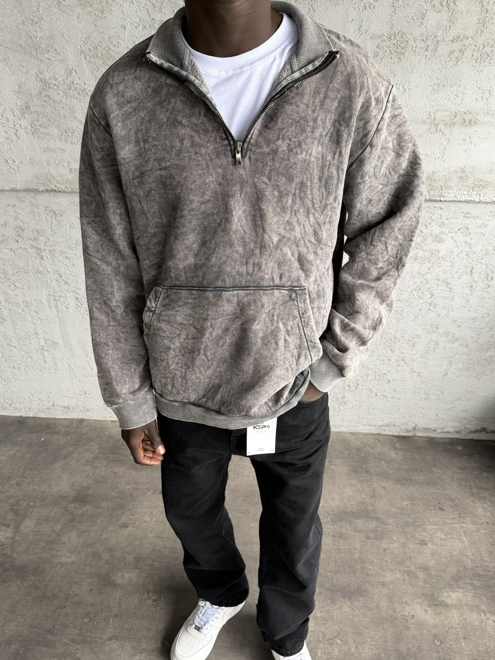 Koyu Gri Yıkamalı Fermuarlı Sweatshirt