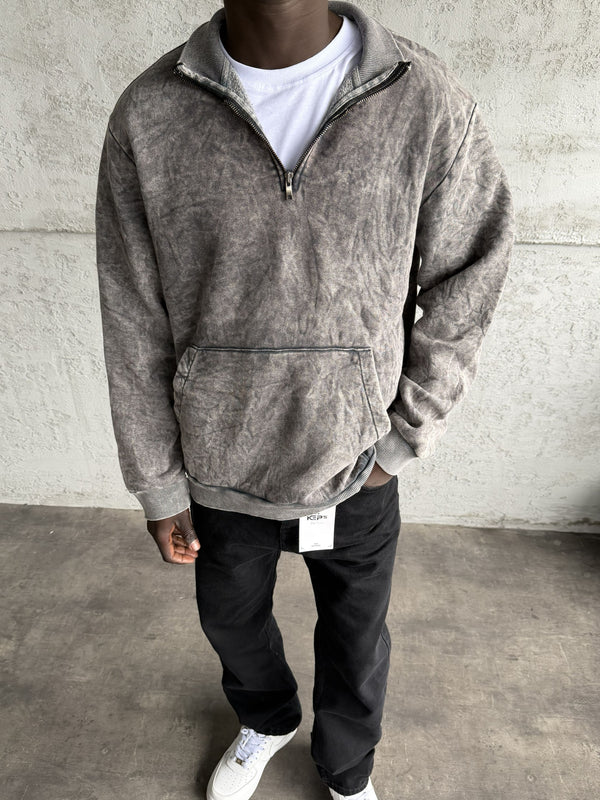 Koyu Gri Yıkamalı Fermuarlı Sweatshirt