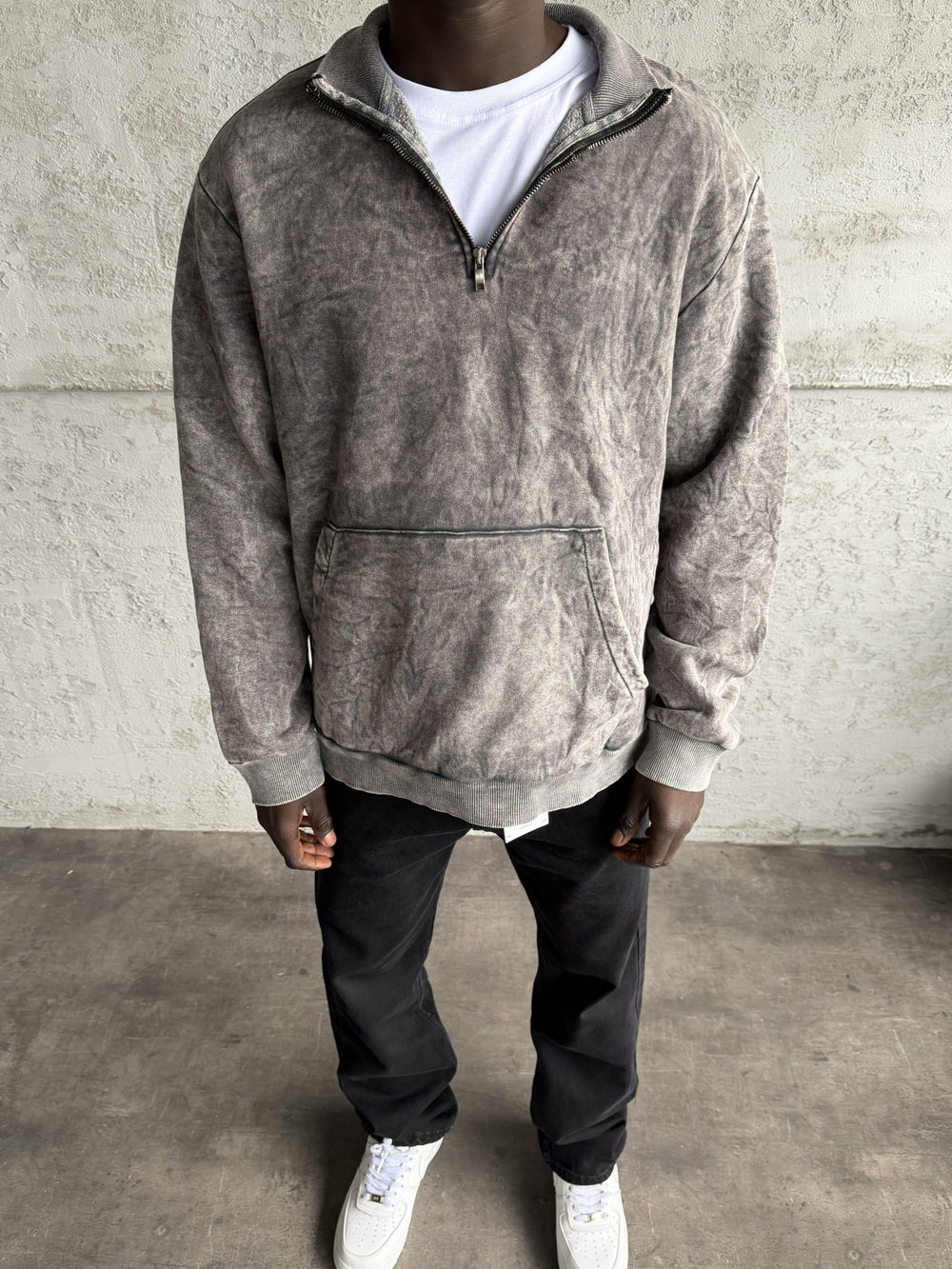 Koyu Gri Yıkamalı Fermuarlı Sweatshirt