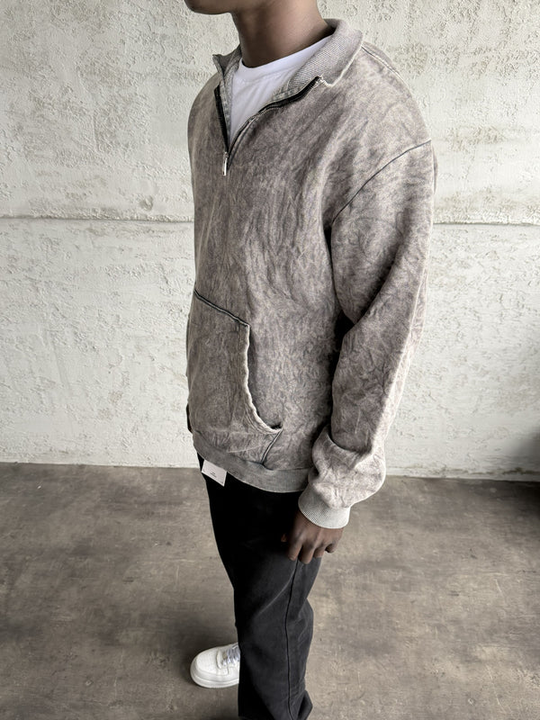 Koyu Gri Yıkamalı Fermuarlı Sweatshirt