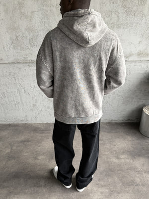 Koyu Gri Yıkamalı Kapüşonlü Nakış Detaylı Sweatshirt