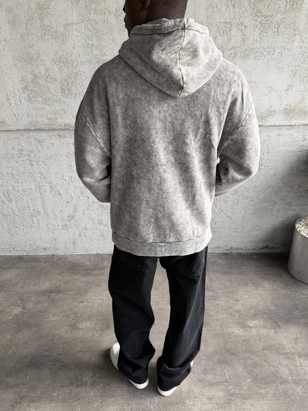 Koyu Gri Yıkamalı Kapüşonlü Nakış Detaylı Sweatshirt