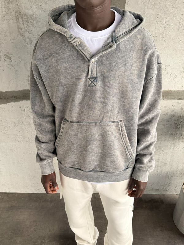 Koyu Gri Yıkamalı Kapüşonlü Sweatshirt