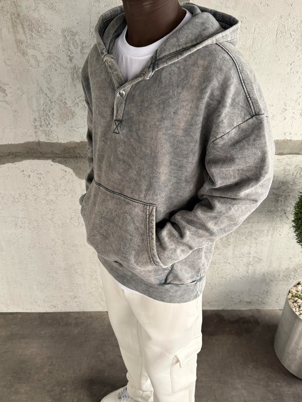 Koyu Gri Yıkamalı Kapüşonlü Sweatshirt