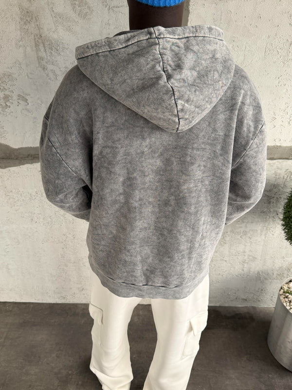 Koyu Gri Yıkamalı Kapüşonlü Sweatshirt