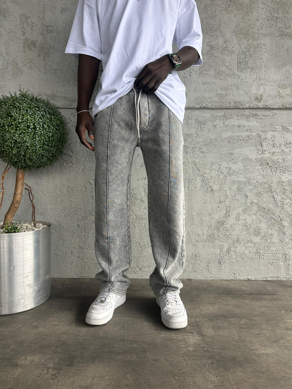 Koyu Gri Yıkamalı Şeritli Baggy Eşofman