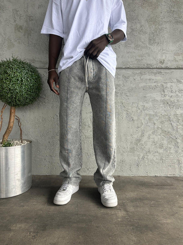 Koyu Gri Yıkamalı Şeritli Baggy Eşofman