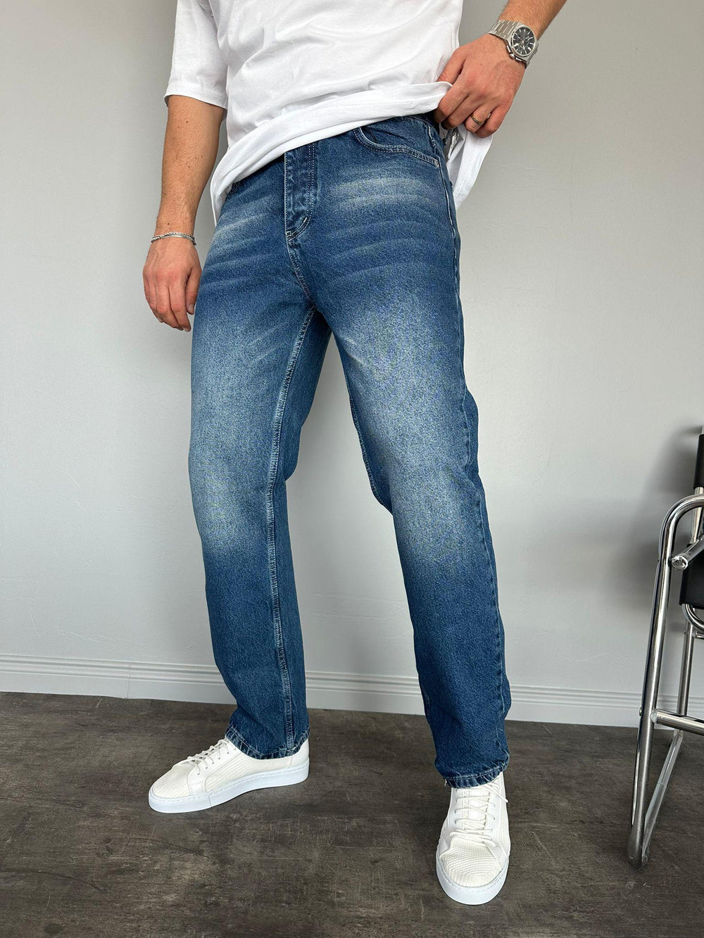 Koyu Lacivert Taşlamalı Baggy Jean