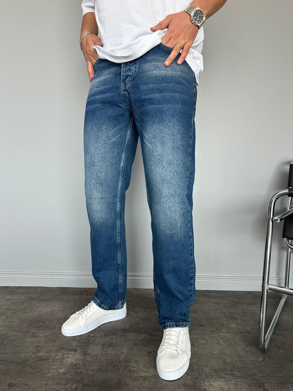 Koyu Lacivert Taşlamalı Baggy Jean